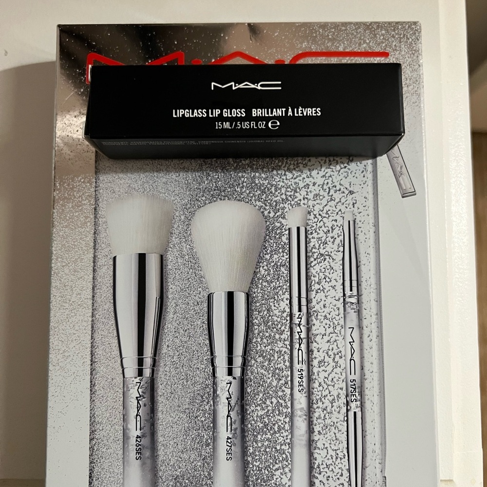Mac makeup brush set and lipgloss